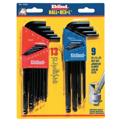EKLIND TOOL Ball-Hex-L Key Set, 22-Piece, Hex Ball Tip, Inch/Metric, Black Oxide Finish Pack of 1