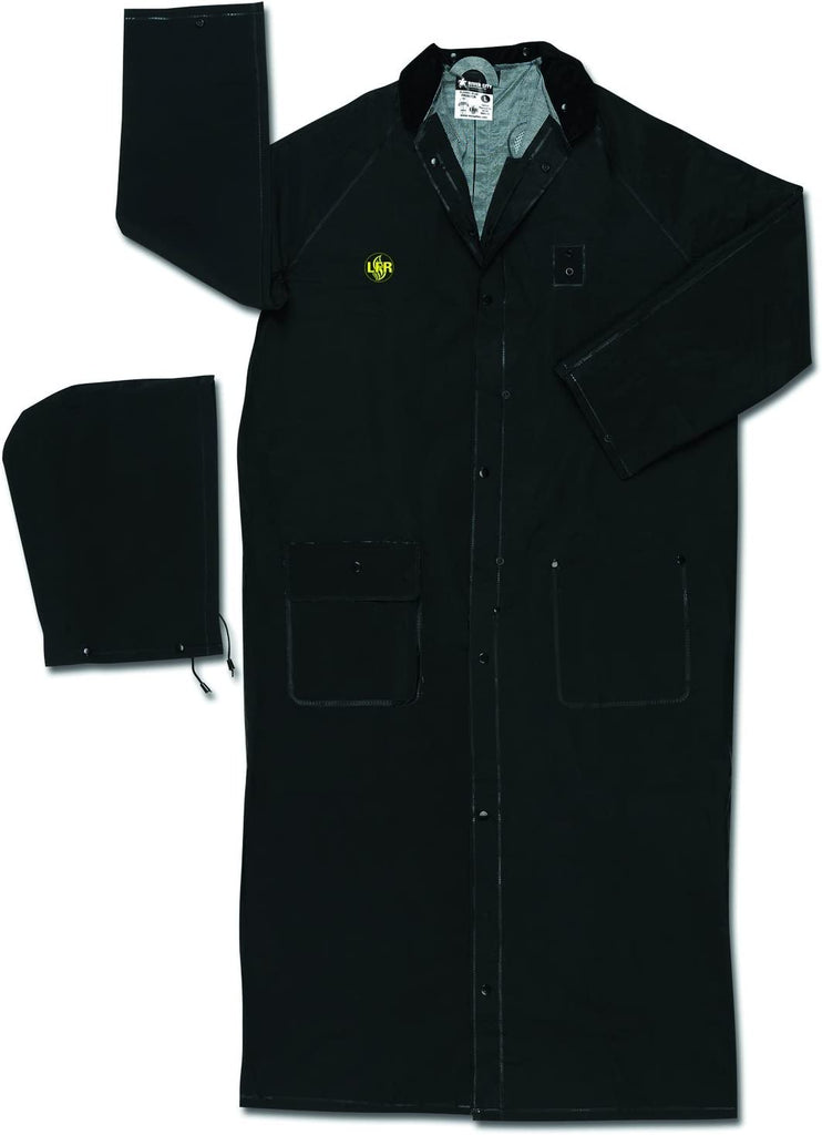 MCR Safety 611-FR267CL 60-Inch Classic Plus PVC/Polyester Flame-Resistant Rider Coat with Detached Hood, Black, Large Pack of 1