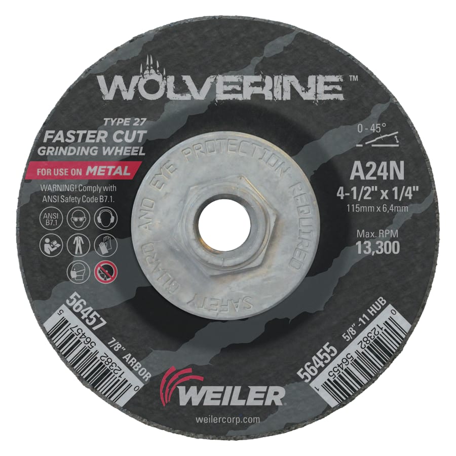Weiler Wolverine Grinding Wheel 4-1/2 Inch Diameter x 5/8-Inch-11 UNC Arbor x 1/4-Inch Thick, AO, 24N