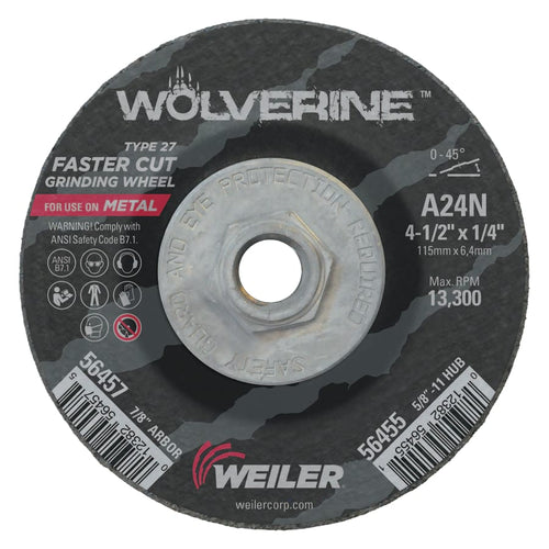 Weiler Wolverine Grinding Wheel 4-1/2 Inch Diameter x 5/8-Inch-11 UNC Arbor x 1/4-Inch Thick, AO, 24N