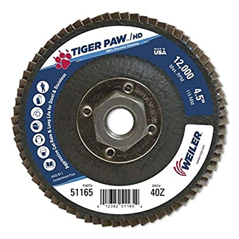 Weiler 51165 Tiger Paw XHD Super High-Density Abrasive Flap Disc, Type 27 Flat Style, Phenolic Backing, Zirconia Alumina, 4-1/2
