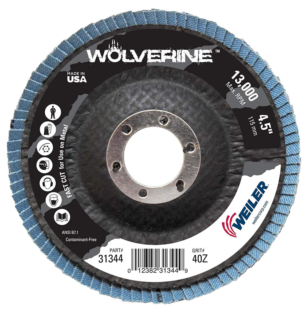 Weiler 31344 Wolverine Arbor Hole Abrasive Flap Disc 40 Grit Zirconia Alumina Bevel Type 29 Phenolic Backing Standard Density Pack of 1