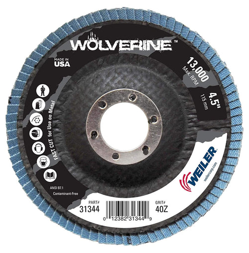 Weiler 31344 Wolverine Arbor Hole Abrasive Flap Disc 40 Grit Zirconia Alumina Bevel Type 29 Phenolic Backing Standard Density Pack of 1